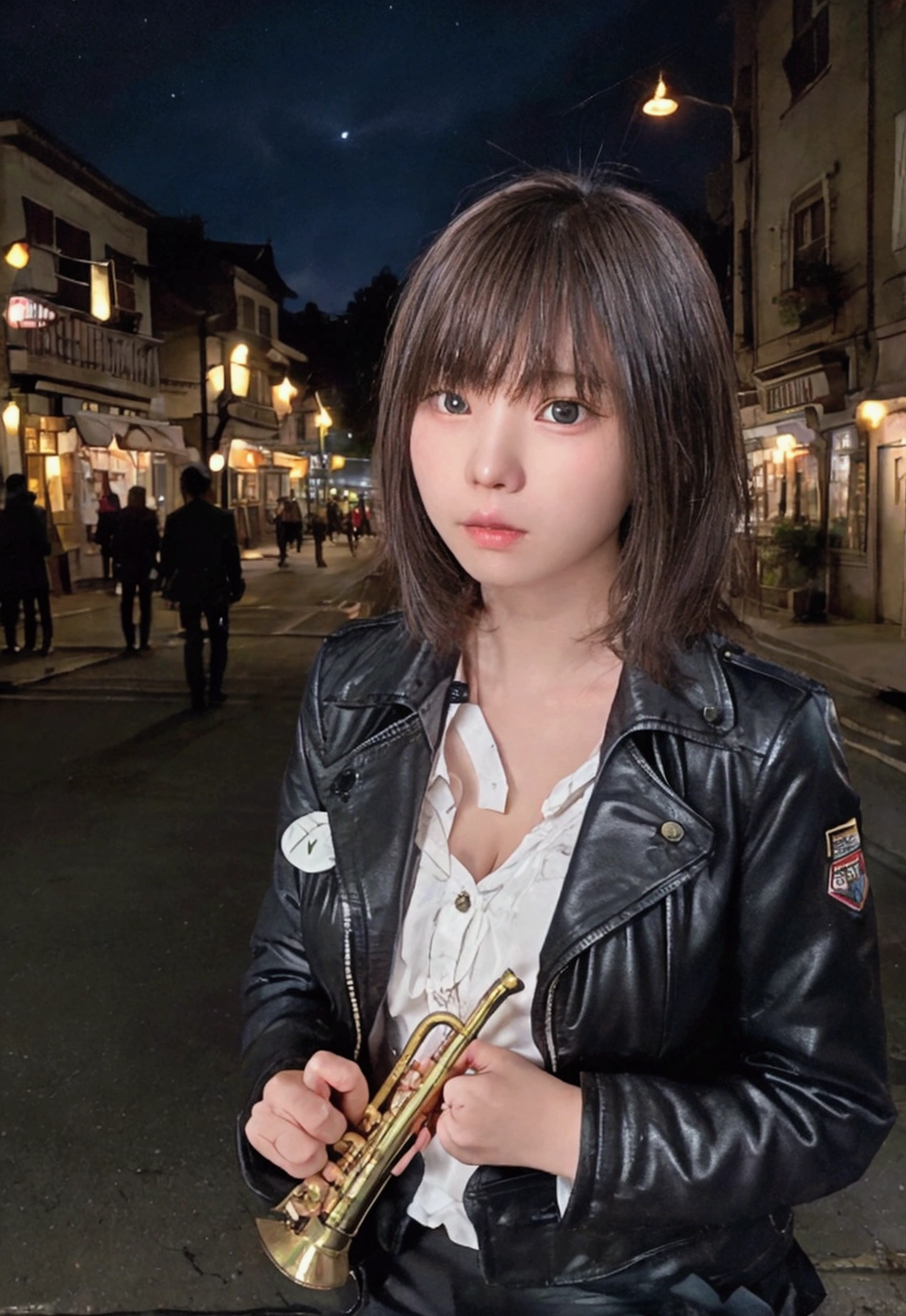 The sound of a trumpet echoing through the town at night、18 year old girl、Dark jacket、Trumpet in right hand、The town&#39;s street lights illuminate the girl、The backlight is on