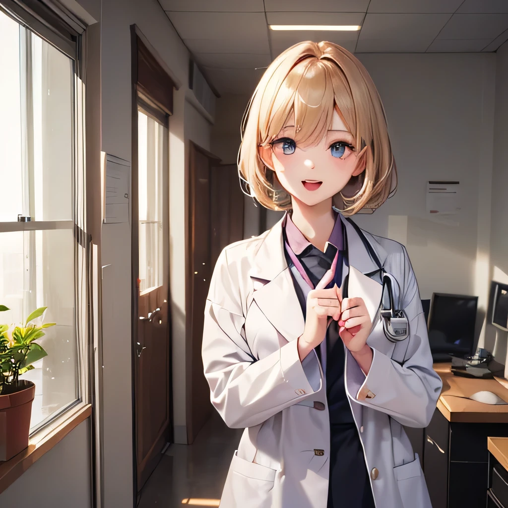(Highest quality、masterpiece、Very high resolution、Ultra HD、High Quality Pixels)、(1 personの女の子,She is a very beautiful woman、She is 20 years old、1 person、single、solo:1.5)、(She is a very beautiful woman with a beautiful face)、(Beautiful faces are detailed,Beautiful body,Strong-willed eyes,Beautiful Eyes,Beautiful Hair,Beautiful skin texture)、(Beautiful Hair quality,Various Hair Styles)、(Cute smile,Open your mouth)、(Female doctor,Female doctor,Wearing a white coat,Examination room),(hospital,health check,see a doctor),Beautiful art style,Anime characters、(Overall image、Detailed Images、Accurate anatomy、Flawless images、Five fingers,Highly detailed images、Accurate Images、Perfect Image)、(Best Shot Photo 1.2),