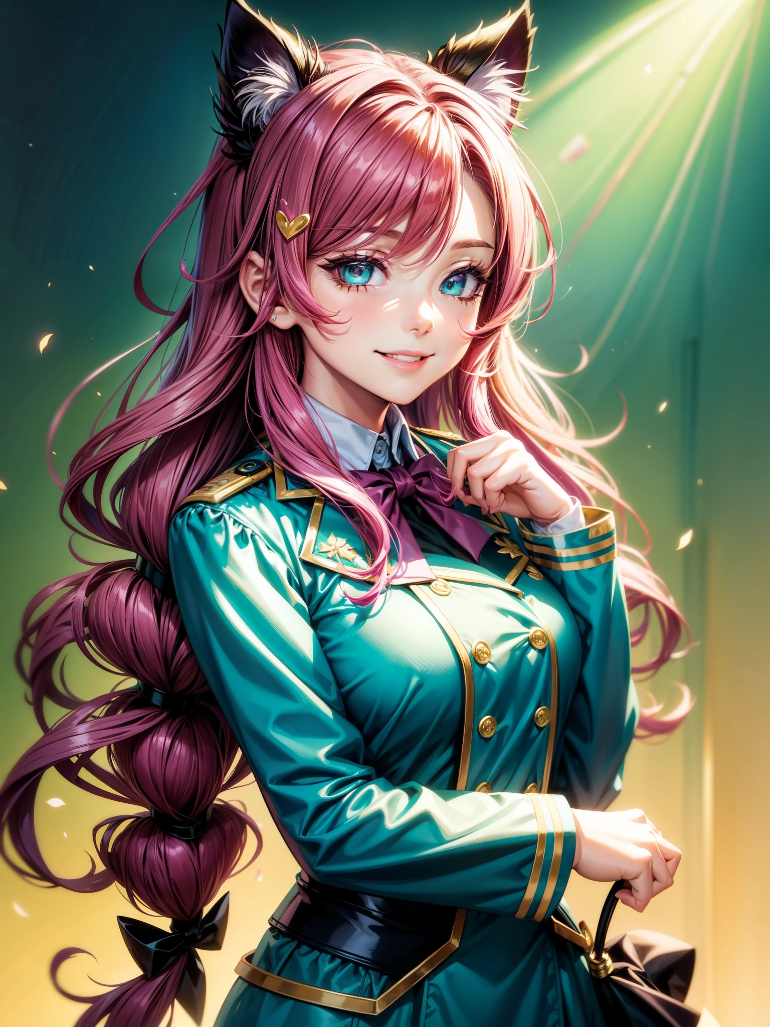 Magenta hair, hazel eyes, older woman, hair bows, cat ears, long hair, smiling face, sexy uniform, teal and gold clothes,plants background
