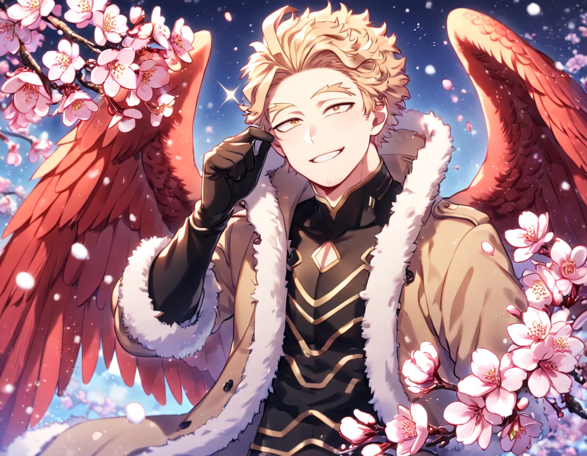 Ultra detailed, HDR, Highres, absurdres, master piece, Hawks, ash blonde hair, expressive golden-brown eyes, faint stubble, red wings, brown coat with fur, black tight shirt, black gloves, Boku No Hero Academia, sexy man, handsome, cherry, flowers, blossoms, fantasy, magical, pink leaves, snowing, handsome, sensual, best quality, glittering, solo, handsome smile,