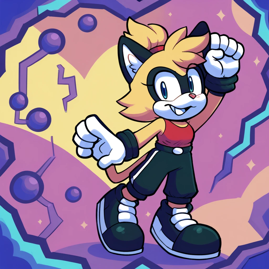 Custom avatar, Glitchy the Cat character, wearing black shorts, in the cyberspace￼, abstract, backround, doing a dyamic pose, someone holding his leg, 