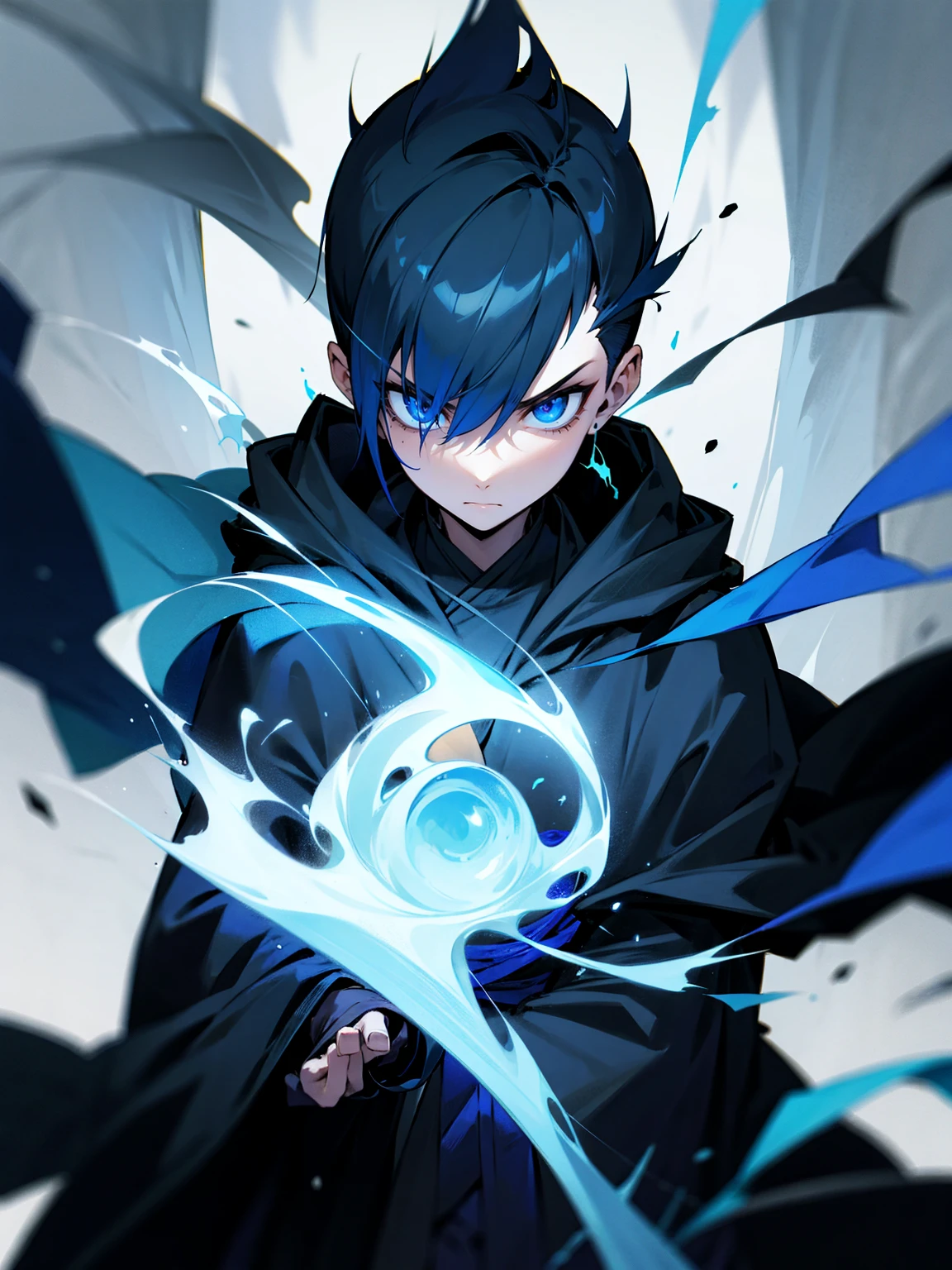 male, dark blue hair, buzz cut, dark mage, black robes, intense gaze