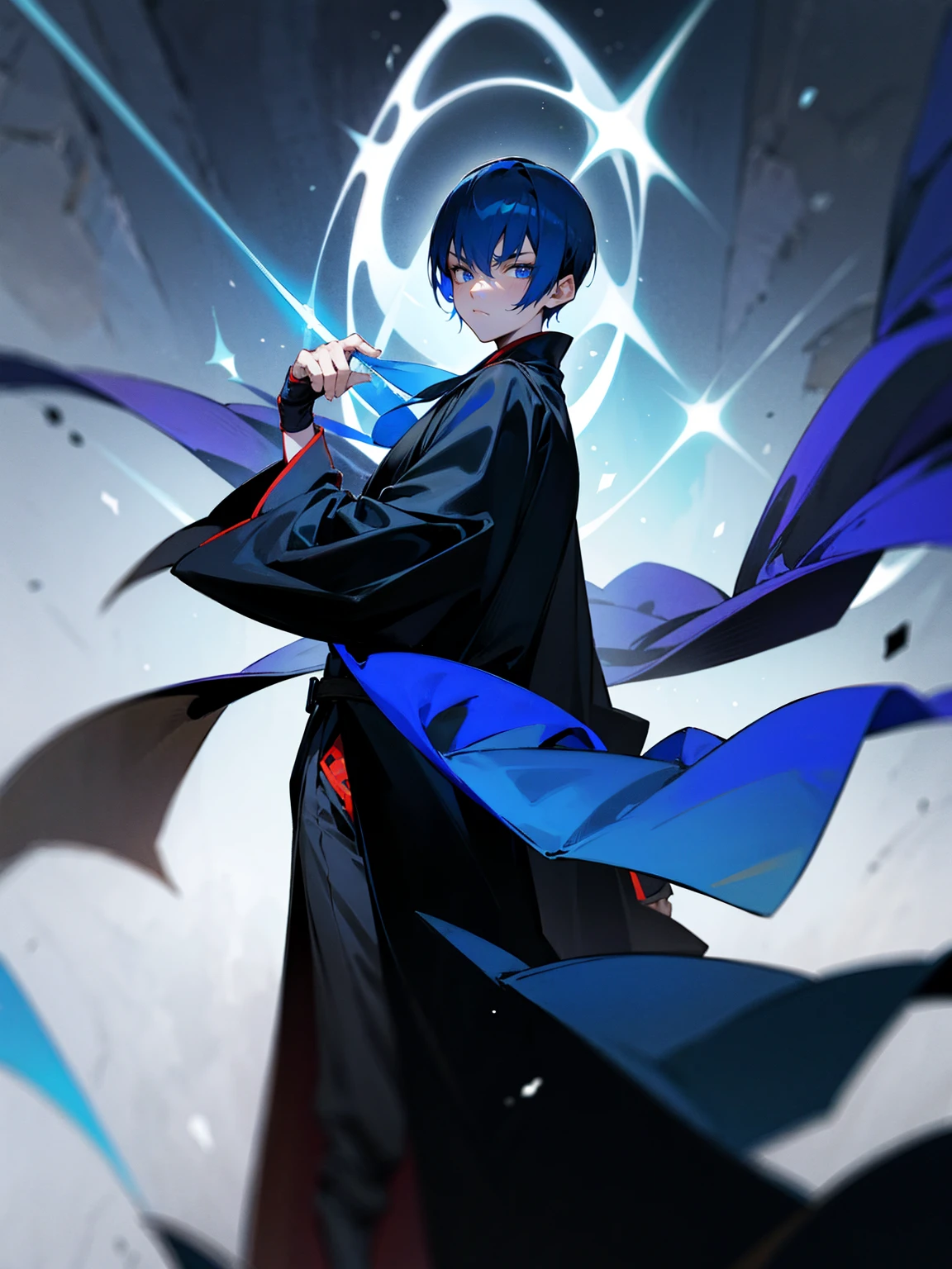 male, dark blue hair, buzz cut, dark mage, black robes, intense gaze