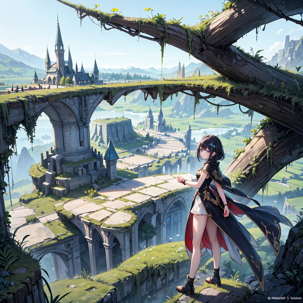 (Full body), solo, 1 beautiful girl wearing fantasy clothes, posing, in the fantasy landcape, nature fantasy landcape background, random wearther, panorama view