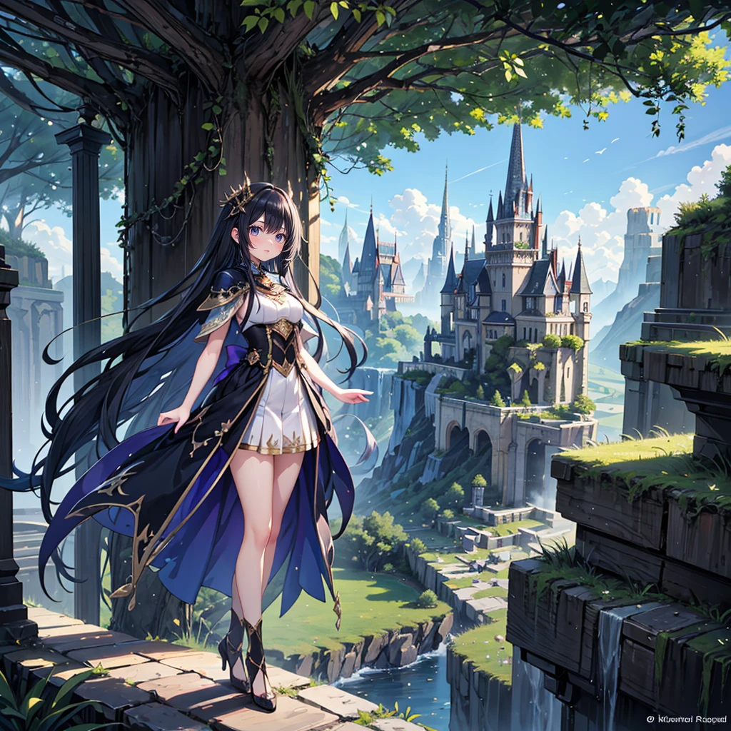 (Full body), solo, 1 beautiful girl wearing fantasy clothes, posing, in the fantasy landcape, nature fantasy landcape background, random wearther, panorama view