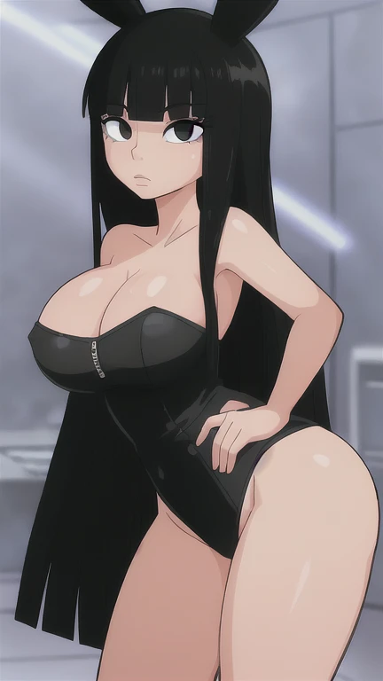 1 girl, solo, a cute girl with jet black hair, blunt bangs, and deep black eyes, NSFW, in a dynamic pose showing the upper body and whole body, highly detailed, best quality, masterpiece, absurdities, beautiful face, detailed eyes, detailed face, full body, (nsfw),(black strapless leotard)/, bare shoulders, bare arms, (fishnets), (gigantic breasts), (cleavage), upper body, rabbit ears, standing, (masterpiece, high quality, best quality), (colorful),(delicate eyes and face), volumatic light, ray tracing, bust shot ,extremely detailed CG unity 8k wallpaper,solo((flying petal)),(Flowery meadow) ((best quality)), ((highly detailed)), masterpiece, extremely detailed face, beautiful face, (detailed eyes, deep eyes), (1girl), from beside, full body, landidzu, detailed_background