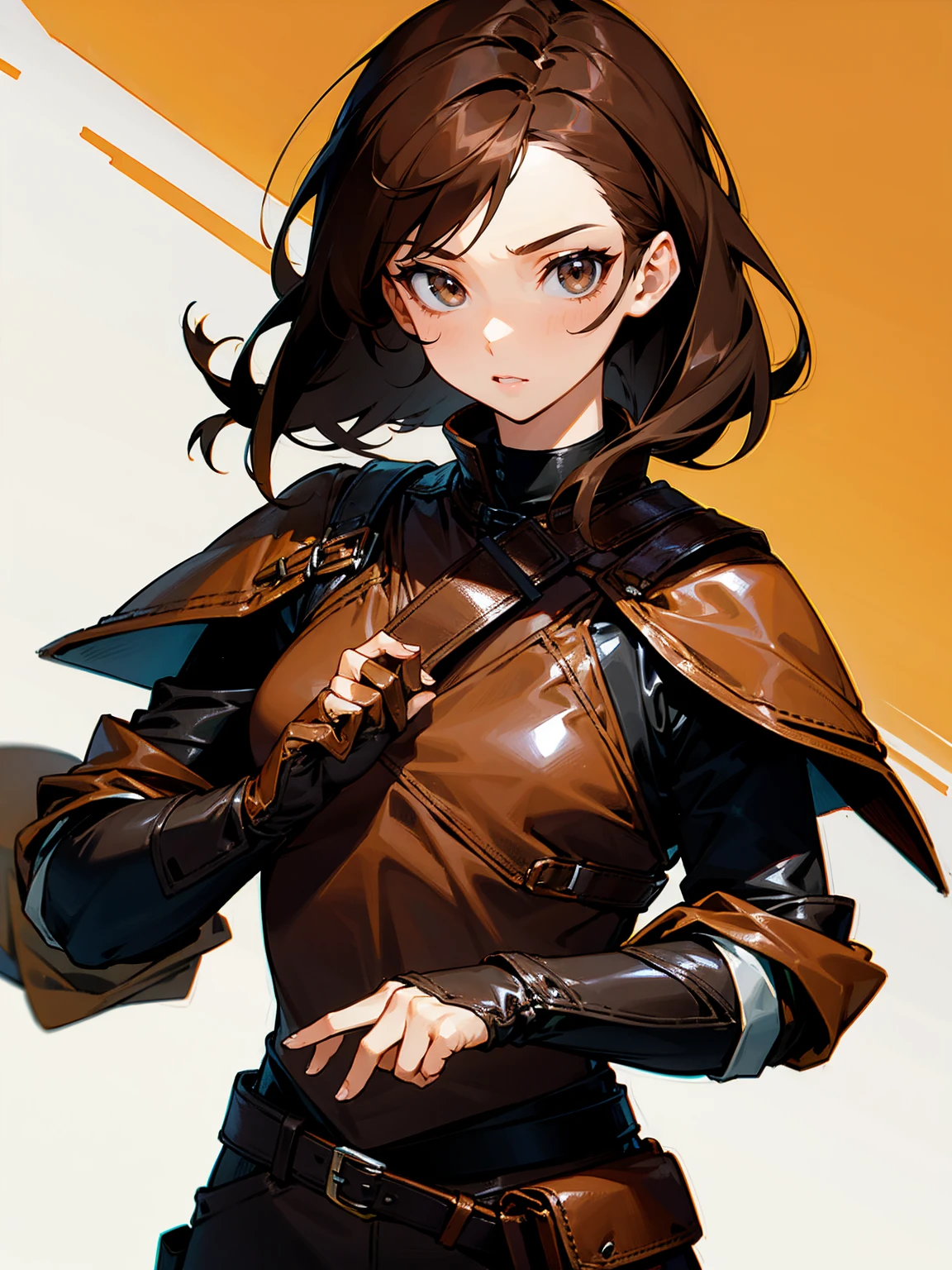 female, brown hair, shoulder-length, ranger, leather attire, alert