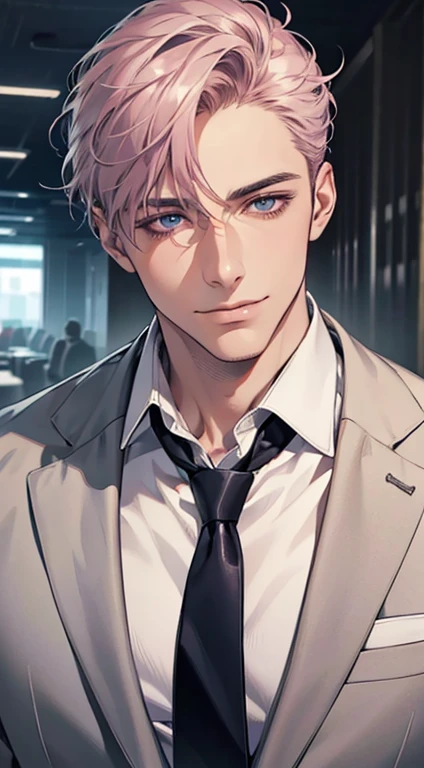 (Highest quality,4K,8K,High resolution,masterpiece:1.2),Super detailed,(Realistic,photoRealistic,photo-Realistic:1.37),1 person,31 years old,Mature Men,Beautiful skin、very handsome,Expressionless,smile,Short gray pink hair,blue eyes,Sharp Eyes,A perfect face without a doubt,Businessman,Office Background,Cinema Lighting,HDR image,tie、