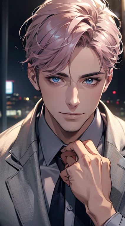 (Highest quality,4K,8K,High resolution,masterpiece:1.2),Super detailed,(Realistic,photoRealistic,photo-Realistic:1.37),1 person,31 years old,Mature Men,Beautiful skin、very handsome,Expressionless,smile,Short gray pink hair,blue eyes,Sharp Eyes,A perfect face without a doubt,Businessman,Office Background,Cinema Lighting,HDR image,tie、