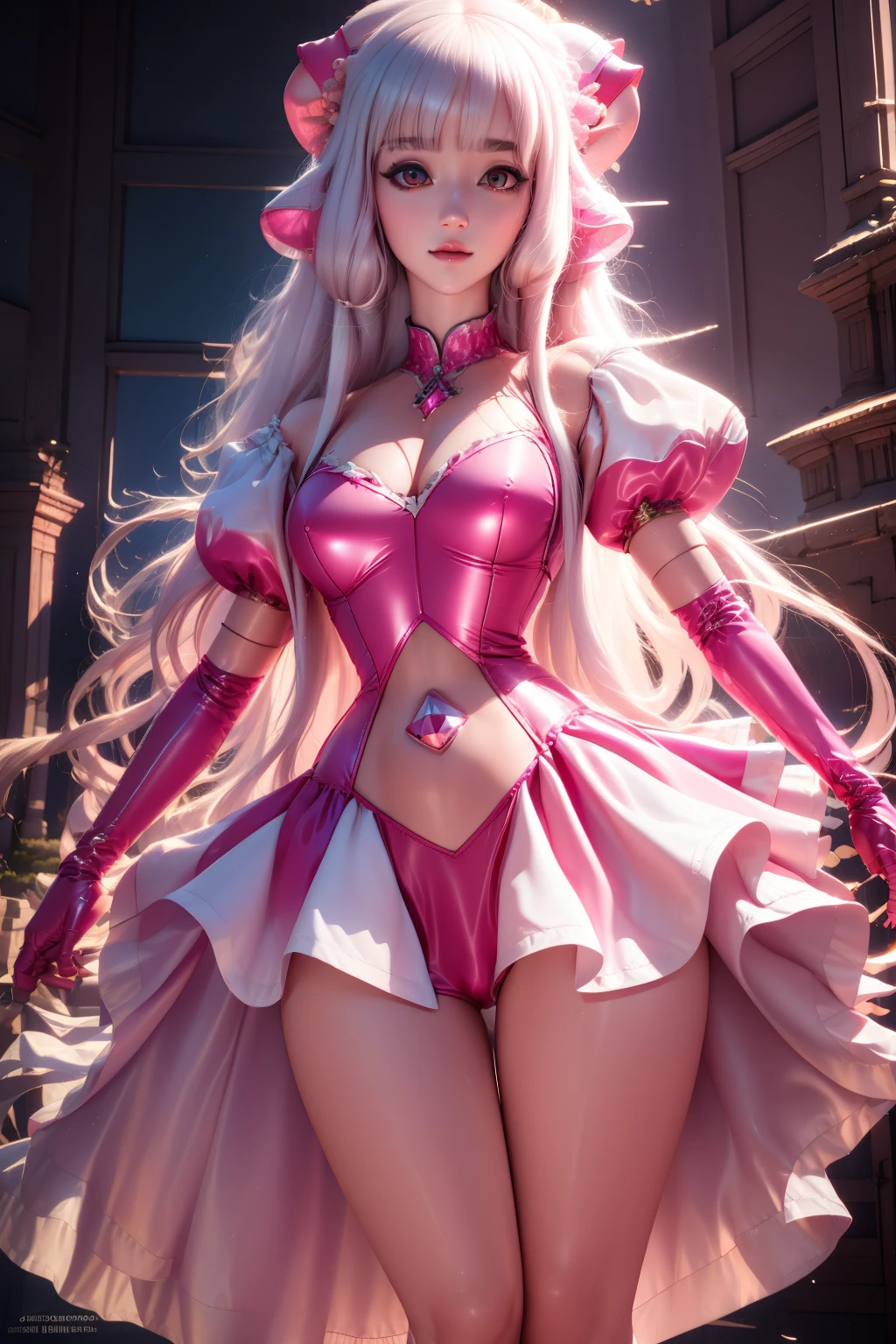 pnkdamond, pink hair, pink eyes, Long hair, stomach gem, pink skin, toned,
puffy short sleeves, elbow gloves , white thighs, Puffy dress,
standing, Upper part of the body,
outer space,
(incredibly detailed, beautiful detailed face,beautiful detailed eyes, masterpiece, Best Quality) cinematic lighting, smile,