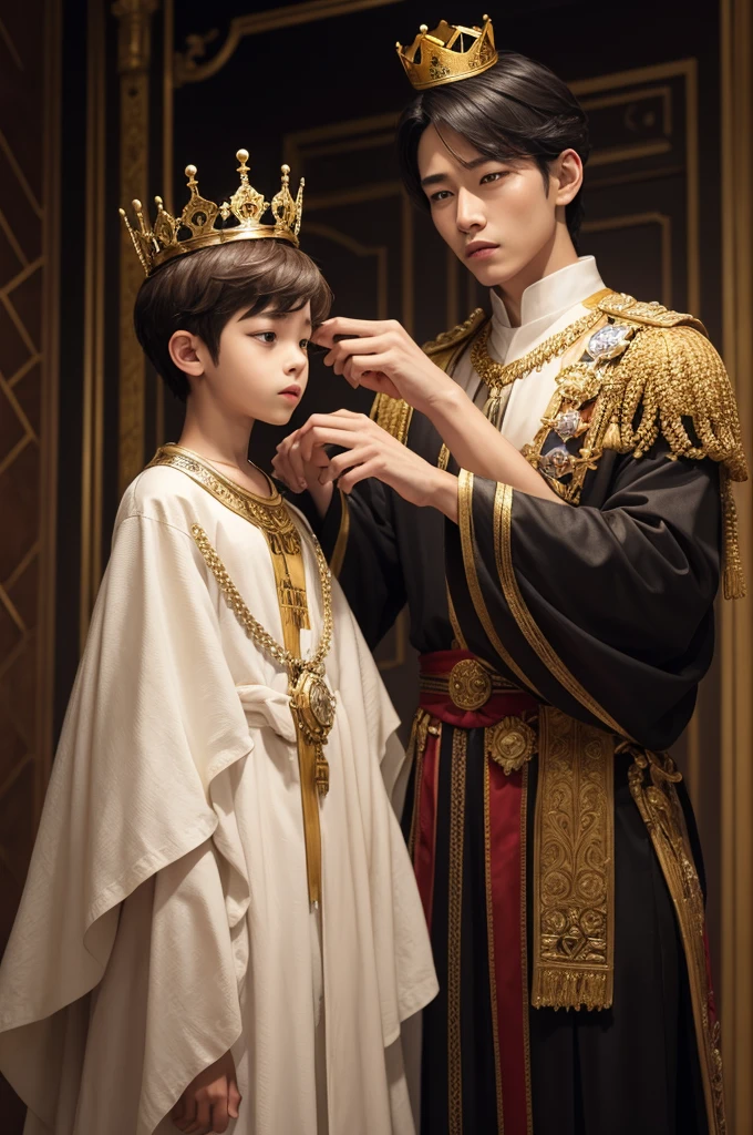 King passing his crown to boy