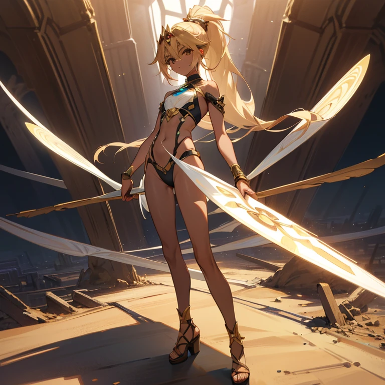 8k, top quality, intricate details, ultra detail, ultra high resolution, masterpiece, Whole body, very high, Dark Skin Mythra from Xenoblade 2; slender, Blonde hair and an incredibly long ponytail.; strong makeup; Brown eyes; small and pointed chest; abdomen sensual; wearing superhighplatform sandals, abandoned desert city, jeweler's, collar, earrings, Black Bikini Top, short leather jacket, thongs with a lot of strings, Leather skirt, long nails; gloves, rings, Best Quality, expressive eyes, perfect face, masterpiece, Skinny body, very long legs, detailed stomach, Detailed hips, detailed legs, dedos de los carefully drawn feet, carefully drawn feet, carefully drawn hands, Best Quality, drawn with care, dynamic angle, Very detailed, seductive eyes, ntr