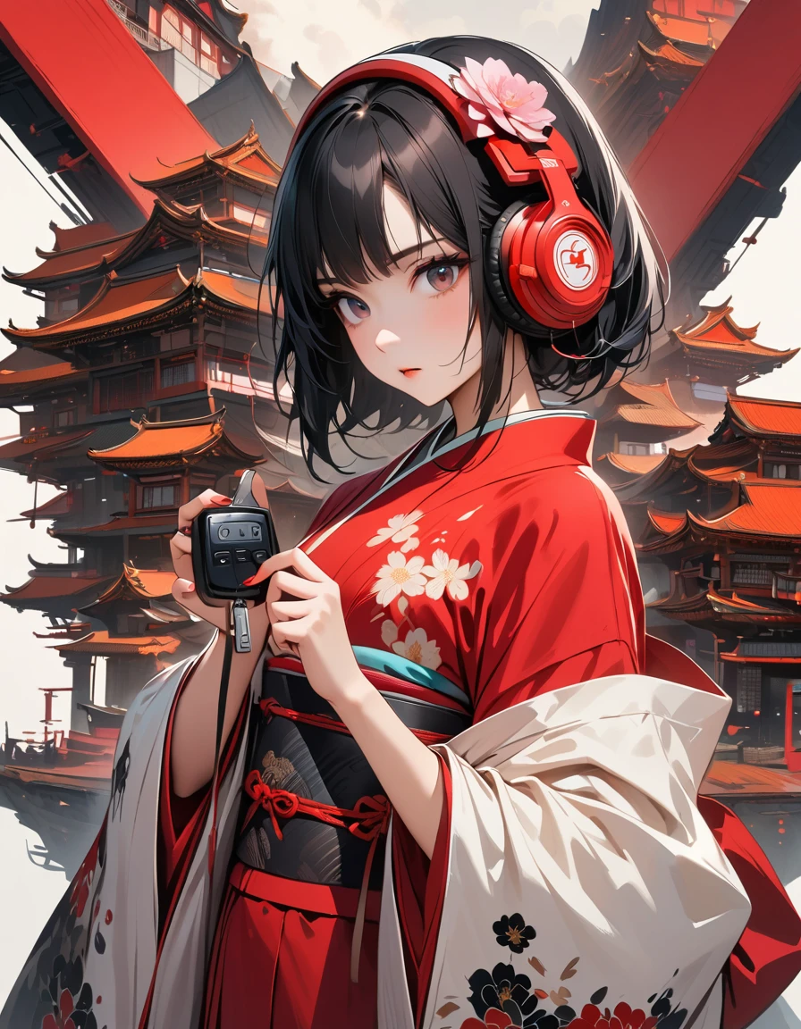 only the girl in the picture, white background, detailed CG unit, Masterpiece, high resolution, (((from side))), (((holding JDM car key in hand))), (((behind the girl monotone background))), (((Japanese style headphones))), headphones red color, ((1 girl)), (surreal, digital painting), photo from the waist up, (((kimono clothing, kimono includes red, white and black color))), girl looking at the camera, holding the car key in her hand, Japanese cars theme, detailed CG unit, Masterpiece, high resolution, highest quality, all in JDM style, the girl has black hair