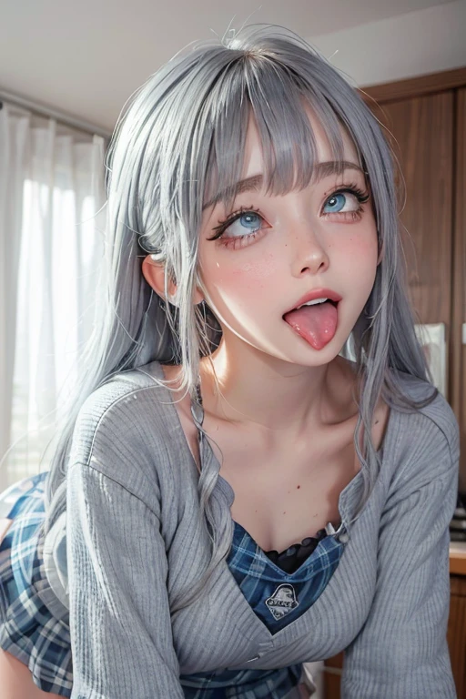 high quality, detailed,lady,(gray sweater,offshoulder,plain),blue eyes,blunt bangs,a mole under the eye,silver long hair,plaid skirt,get down on all fours,at the cafe,tounge out,(blushing:1.2),smile,