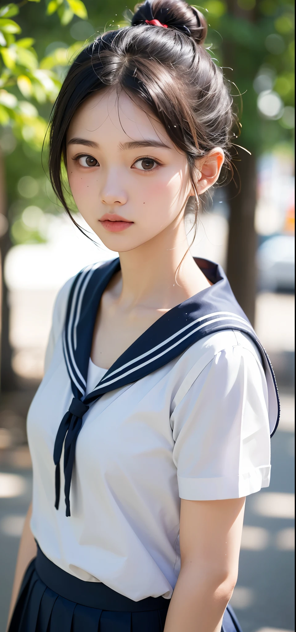 (1 nogizaka girl,15years old face,raw photo,photo realistic:1.5),(best quality, high quality,HDR, highest quality,ultra high resolution,high resolution,high res,ultra high difinition,huge file size,8K,2K wallpaper,8K wallpaper,high quality texture,amazing,an extremely delicate:1.4),one girl, Japanese famous idol,cute face,small face,absurd,ridiculous,incredibly ridiculous,blurry background,(school uniform,sailor suit,topknot,single hair bun,cleavage,no makeup:1.2),medium skin,beautiful skin,detailed skin,black hair,silky hair,black eyes,Japanese nose,5-fingers,(Light Particles, Lens Flare, Luminous Particles: 0.7),looking at viewer,small hands,bright lighting,professional lighting,girl