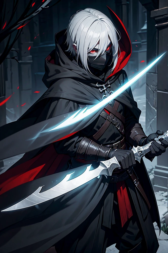 An assassin, male, fantasy character, physically strong, wearing a skull mask covering his face and eyes, dressed in black medieval attire, with a white hooded cloak over it, gray hair, short hair, red eyes, holding a dagger, nighttime background.