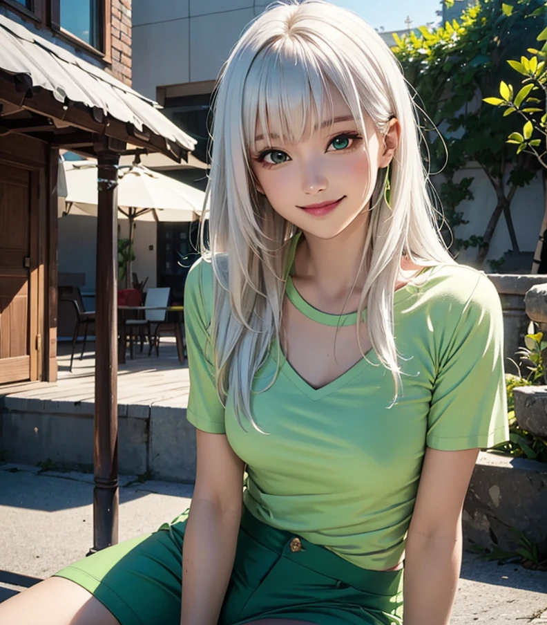 Woman with long hair straight, white hair color, high detailed, realistic, ultra realistic, ((Lime-green shirt)) and short pant blue, smile,