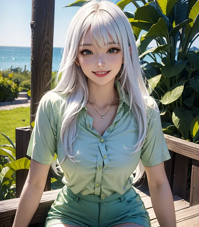 Woman with long hair straight, white hair color, high detailed, realistic, ultra realistic, ((Lime-green shirt)) and short pant blue, smile,