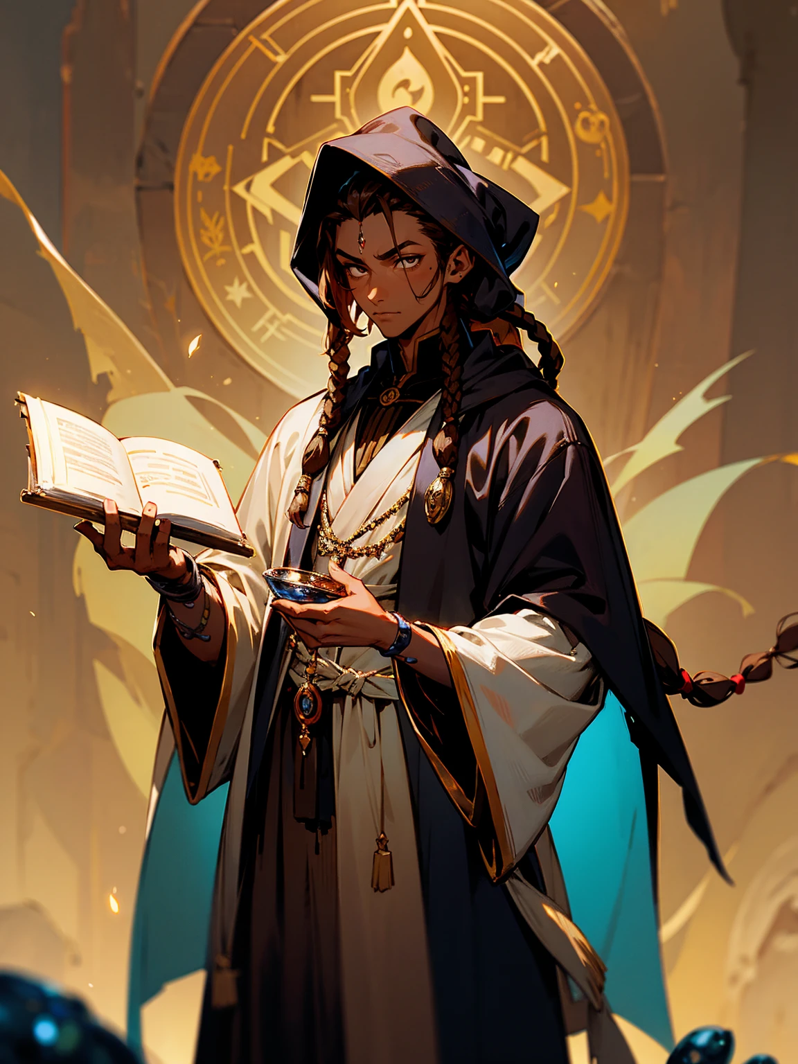male, dark skin, brown hair, dreadlocks, alchemist, robes, holding potion vials, thoughtful