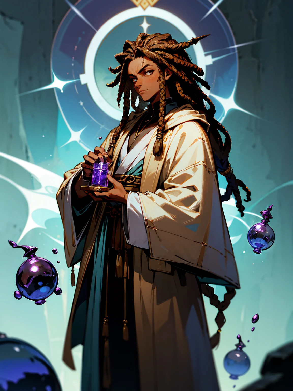 male, dark skin, brown hair, dreadlocks, alchemist, robes, holding potion vials, thoughtful