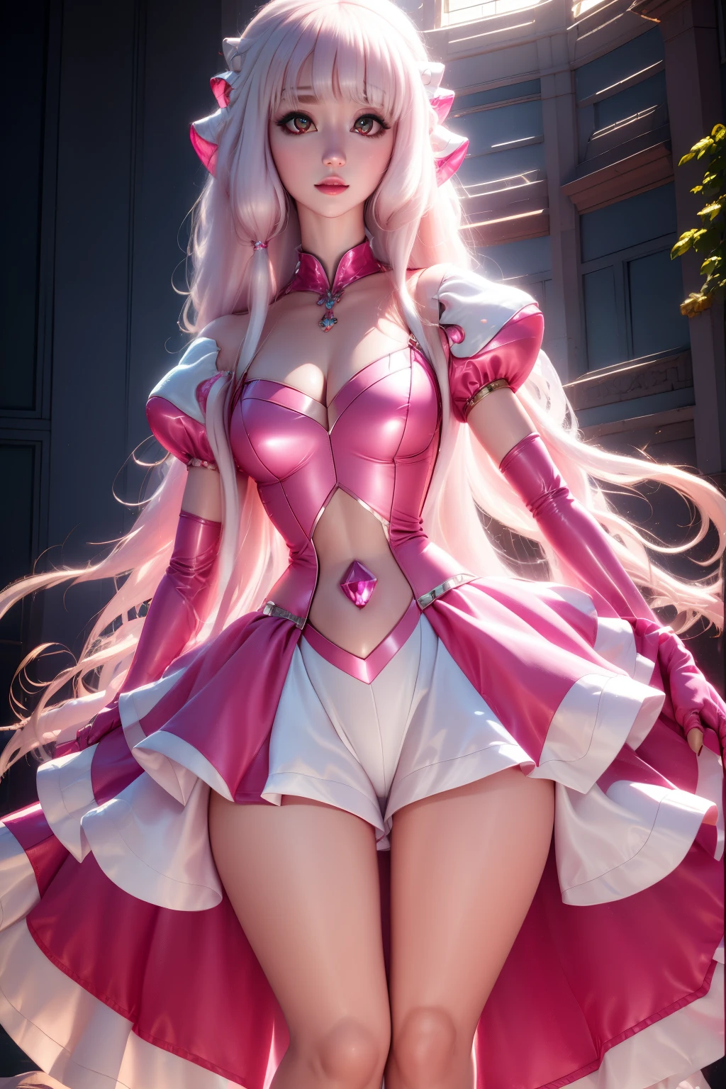 pnkdamond, pink hair, pink eyes, Long hair, stomach gem, pink skin, toned,
puffy short sleeves, elbow gloves , white thighs, Puffy dress,
standing, Upper part of the body,
outer space,
(incredibly detailed, beautiful detailed face,beautiful detailed eyes, masterpiece, Best Quality) cinematic lighting, smile,