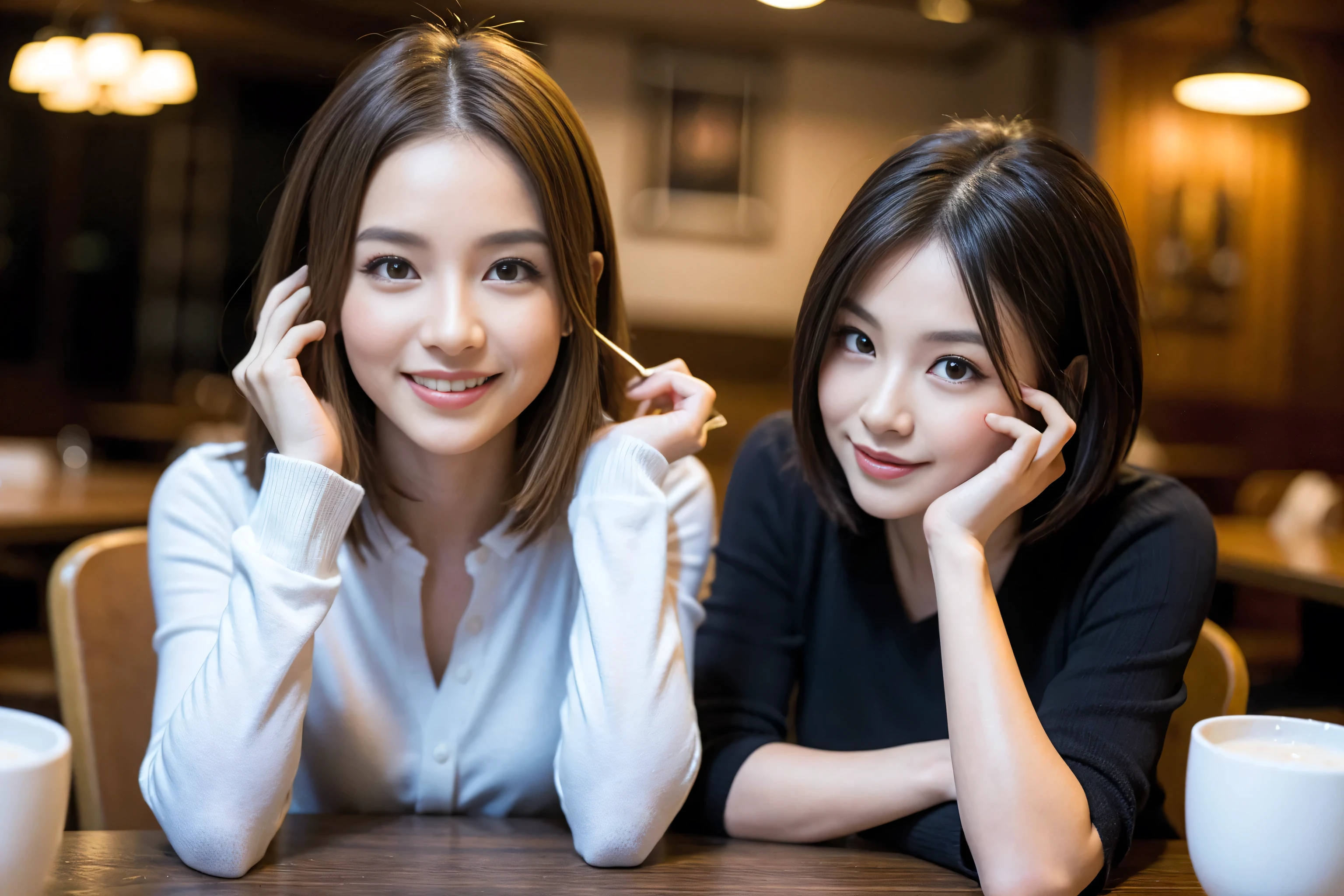 ((Highest quality、8k、masterpiece:1.3))、cute、Slim couple、Model Couple、Actress、(Realistic, Intricate details:1.2), full-course dinner、Wine 、Amazing view of the sunset sky and clouds、A bright smile、short hair,Bright Face、 (45 years old), 48 years old, 赤Wine 、Appetizers、Italian food、Wine bottle、Champagne、スパークリングWine、Two beauties、Brown Hair、Shortcuts、Long sleeve shirt、dress、Beautiful woman 1, (Slim face), (The body is slim), (Brown Hair), (Shortcuts), cheeks turn a little red,Attractive beauty、restaurant, In a prominent place (From the waist up) Nova Frog Style, actress, model, Upper Body, 白Wine, slim, Wineグラス, 中央に置かれたWineグラス, smile, (smile: 1.15), Beautiful fine grain, Depth f/2,saturation, High Contrast, Strong light and shadow,Moist Body:1.5、3D texture、Delicate eyes、Brown Hair、The hair is very shiny、