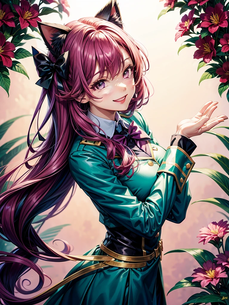 Magenta hair, hazel eyes, older woman, hair bows, cat ears, long hair, smiling face, sexy uniform, teal and gold clothes,plants background