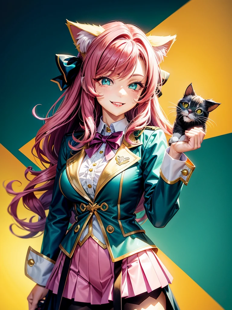 Magenta hair, hazel eyes, older woman, hair bows, cat ears, long hair, smiling face, sexy uniform, teal and gold clothes,plants background
