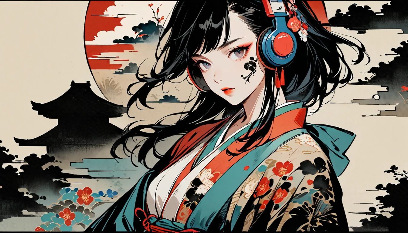 Ink Painting, (((1 girl))), (((Tattoo on face))), sunglasses, Japanese style headphones, Japanese beauty, Black Hair, Delicate and precise, Modern ukiyo-e style, vivid color