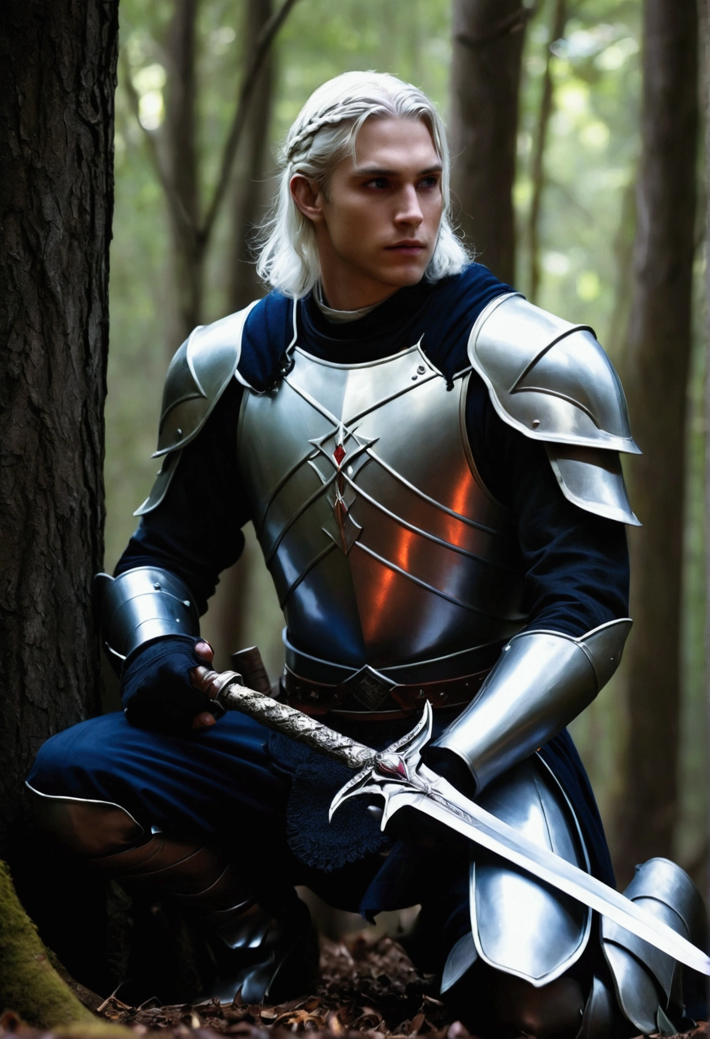 "A young human Templar, 22 years old, with an oval face, braided white hair and dark blue eyes, is wearing his shiny white armor and holding an enchanted longsword. He is kneeling in prayer in a dark, dense forest, with tall, twisted trees, when a sinister demon appears from the shadows beside him. The sparse light filtered through the canopy shines on his armor, highlighting his serene but determined expression. Emerging from the shadows beside him is a sinister demon, its form shrouded in darkness, with glowing red eyes and a menacing smile. The tension between the Templar's holiness and the devil's malevolence creates a powerful contrast. In the background, a fantasy inn adds depth to the scene, suggesting a world full of mystical adventures and encounters. The full-bodied image captures this dramatic and fantastical moment in vivid detail."