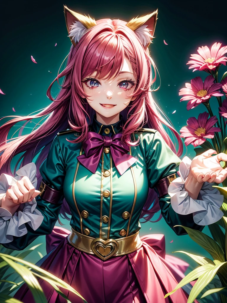 Magenta hair, hazel eyes, older woman, hair bows, cat ears, long hair, smiling face, sexy uniform, teal and gold clothes,plants background