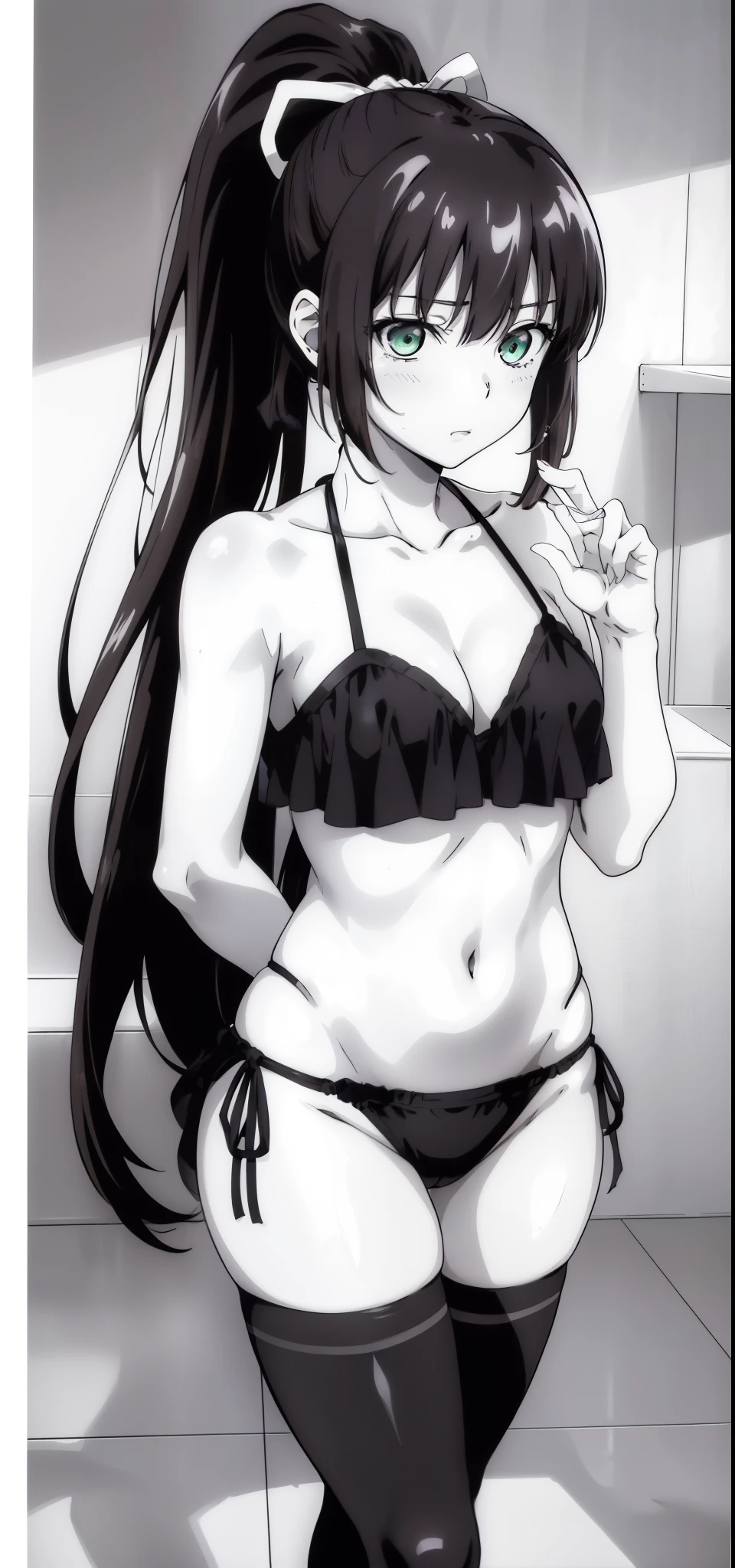 masterpiece, best quality,1girl,solo,kirasaka sayaka,brown hair,long hair,ponytail, hair ribbon, green eyes, thighhighs, wariza, (bikini). (((Manga panels, Black and white)))