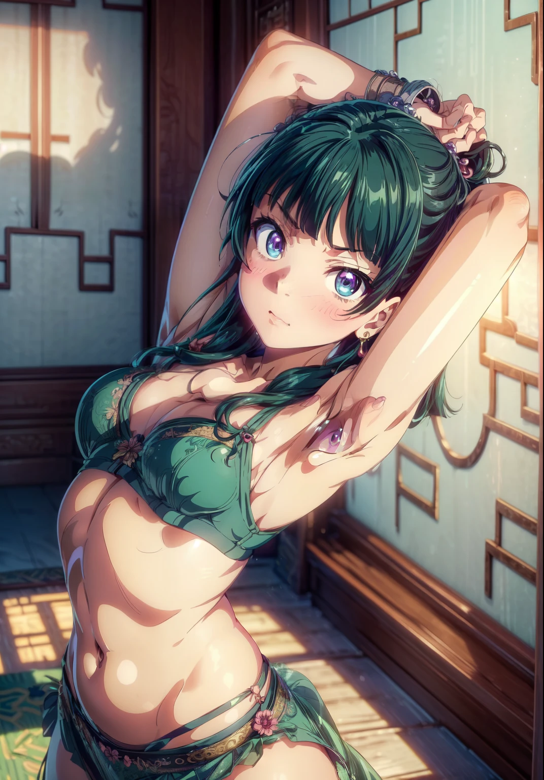 (Masterpiece, High Quality, Top quality, High-Detailed, Detailed CG, Cinematic Shadow, Cinematic Scene, Beautiful Detailed Eyes, Ultra Resolution, Depth of Field, High Resolution, Masterpiece: 1.2), Anime art style, Very detailed, Dynamic Angle,  Style, Detailed Green Hair, Detailed Blue Eyes, Slim Body, Sparkling Eyes, Sparkling Detailed Eyes, Hair Accessory, Earrings, Slightly Blunt Bangs, Looking at the Audience, (Blush Expression:1.2), (Angry Expression:1.2), (Dark Green Hair), (Chinese Style Lingeries), (Chinese Lingeries)(Chinese Underwear), (Chinese Flower Pattern on Lingeries), Lingeries, Underwear, Purple Eye, Five Fingers, Good Composition, Arms, Thighs, Small Breasts, Small Size Breasts, Blur Background, Chinese Architectures