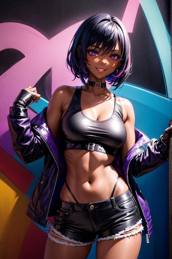 1 girl, anime style, dark skin, black woman, beautiful, 18 years, make-up, passionate look, naughty smile, waifu, close-up picture, zoom, portrait, colorful punk style, purple leather jacket, purple tank top, black jeans shorts, cleavage, fishnet legs, leather gloves, standing, showing body, hands behind her head, posing in a dark alley, colorful graffiti on the walls, colorful walls, soft lighting, nighttime, midnight, ray tracing, award winning, photorealistic, 8k
