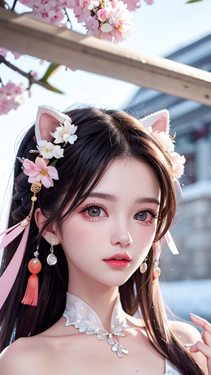 ((best qualtiy)), ((tmasterpiece)), (detail:1.4), Beautiful cyberpunk female images,hdr(HighDynamicRange),Ray traching,NVIDIA RTX,Hyper-Resolution,illusory 5,sub surface scattering,PBR textures,post-proces,Anisotropy Filtering,depth of fields,maximum definition and sharpness,Many-Layer Textures,Albedo e mapas Speculares,Surface coloring,Mitsu-Accurate simulation of material interactions,perfectly proportioned,rendering by octane,Two-colored light,largeaperture,Low ISO,White balance,Rule three points、8K raw data、Beautiful bright blue pupils,off-the-shoulder clothes,Fine pupils,Delicate face and eyes,long eyelasher,Blushlush,Delicate and fluffy hair,pink lip,Pure,Cute face,Sweet girl,Artistic sense,Casual wear,Advancedsense,butterflys,Cherry blossom petal,Beautiful hair accessories,Long hair and waist,Hair fluttering in the wind,Snow-white fox ears,curlies,Snow-white fluffy tail,Positive light,The light from the back window is backlighted