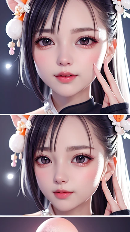 Gentle and lovely Chinese beauty, Exquisite and sexy clavicle, Charming goose egg face, Double eyelids, Bright peach blossom eyes, Pink lips, Small upturned nose, Bare shoulders, focused face, Close-up of face, Ultra HD, Super Detail, Full body image, Ultra-thin translucent, Cat ears, Snowflakes falling, Pure white hair, (High detail fingers: 1.5)