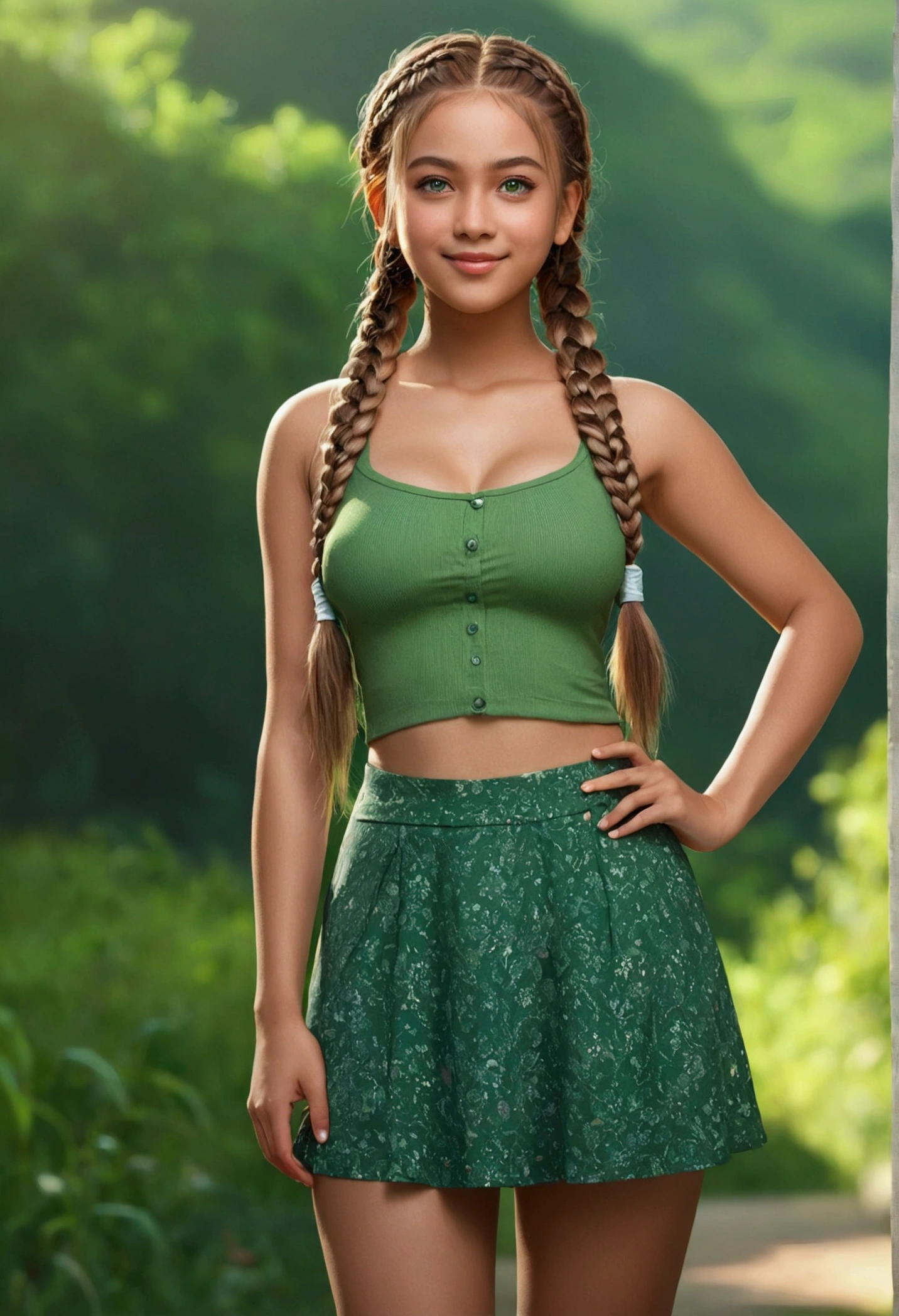 Rishia Full Body, 1 girl, standing alone, hair green, greeneyes, twin braids, breasts big, beautiful face, ssmile, (work of art:1.2), best qualityer, absurderes, high resolution, extremely detailed wallpaper, perfect lighting, plein-air, gram, fild, looking ahead at viewer,