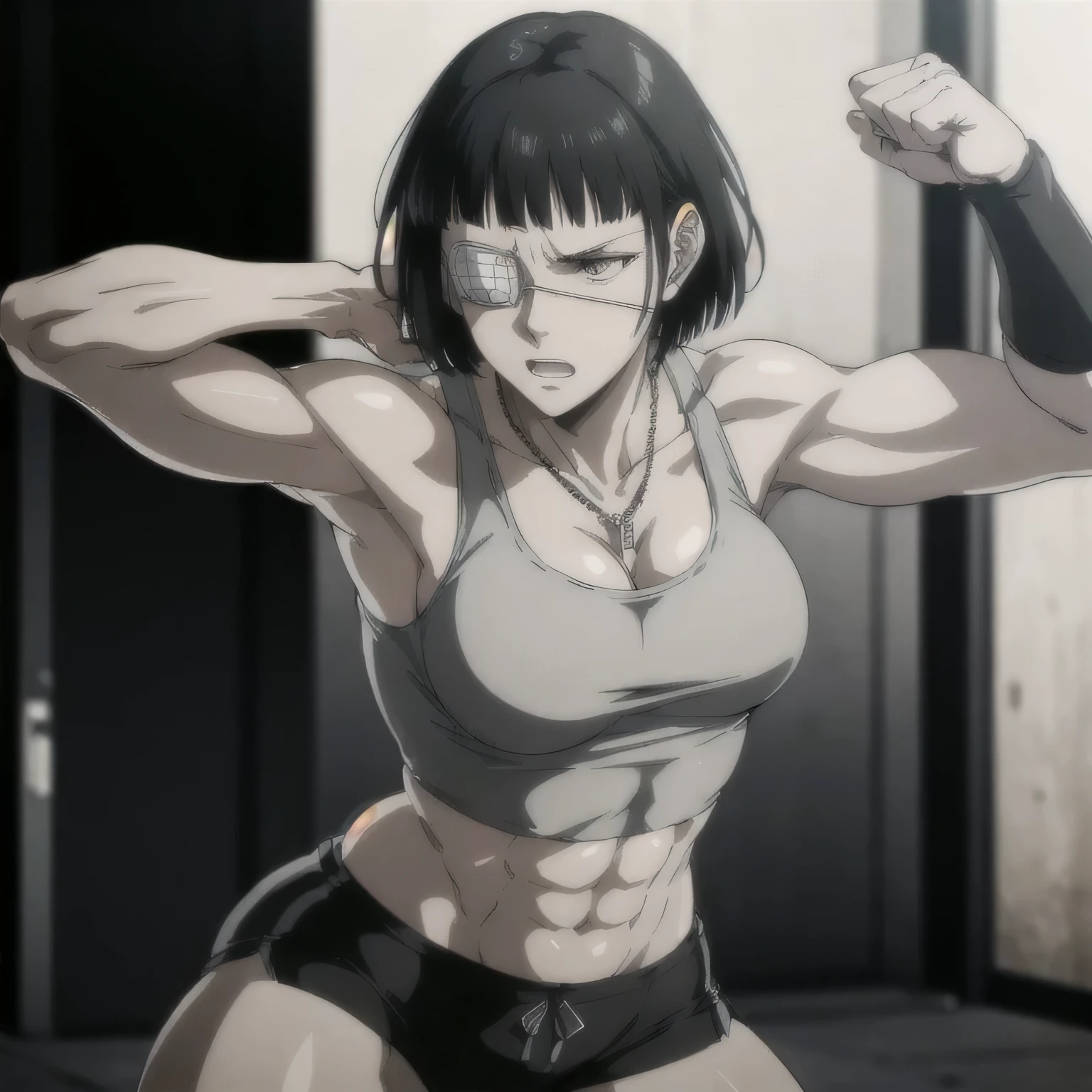 (best quality,ultra-detailed,realistic:1.37),musclaur badass girl with sculpted body have a tattoos wearing white sport tank top and white sport shorts, full review of the female character's face and body, intense expression, strong and confident posture, studio lighting, vivid colors, physiologically-based rendering, grungy texture, rugged background, dust particles in the air, commanding presence, professional, powerful, gritty aesthetics,,Valmet،short hair,necklace,six-pack,eyepatch,(solo girl),fixing glitchs,Valmet, in base training,six-pack,Shining muscles,matching remix