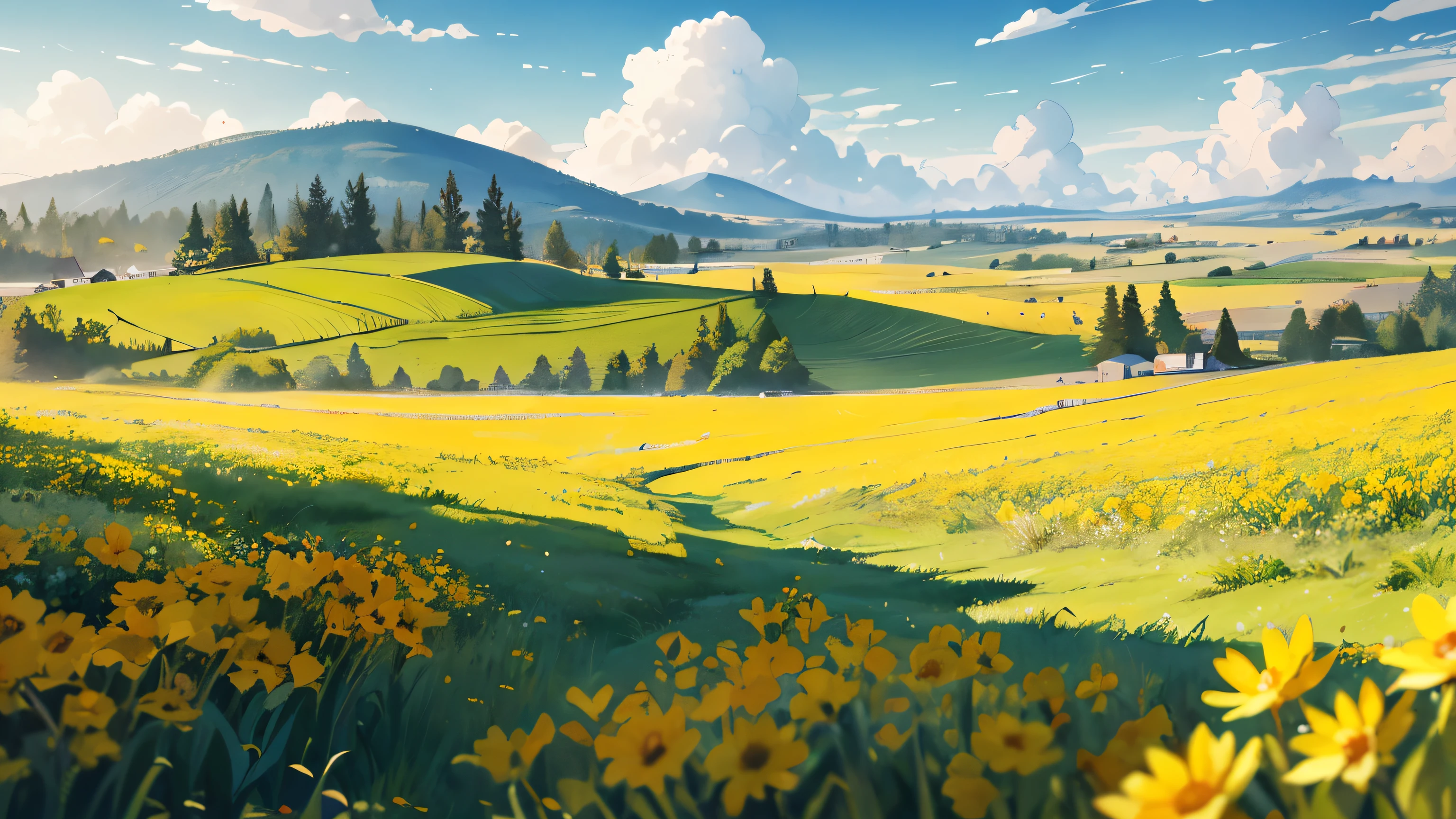 beau fond aquarelle, de Lilo & point,prairie de pétales avec ciel bleu,paysage de campagne animé,paysage,champs d'herbe,champs plats, petites collines,nuages blancs gonflés,prairies de canola jaune,monté des enfants,illustration de paysage détaillée,fleurs,parfait,Ombres douces,éclairage doux, lumière cinématographique,(Meilleure qualité,4k,8k,HDR,haute résolution)