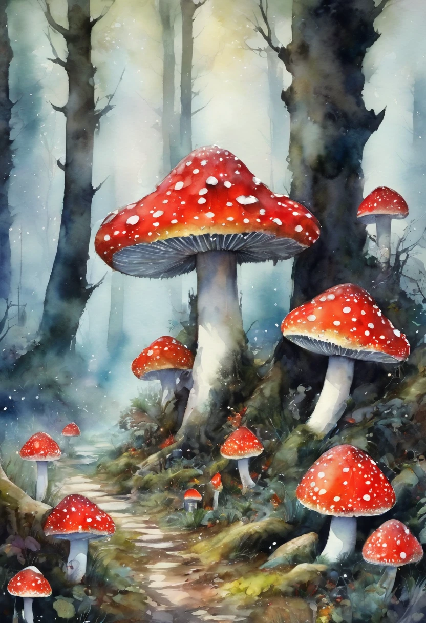fantasy, enchanted forest, Snow White wanders among huge fly agarics, gloomy, spectacular, realistic, watercolor painting, beautiful, high resolution, high detail