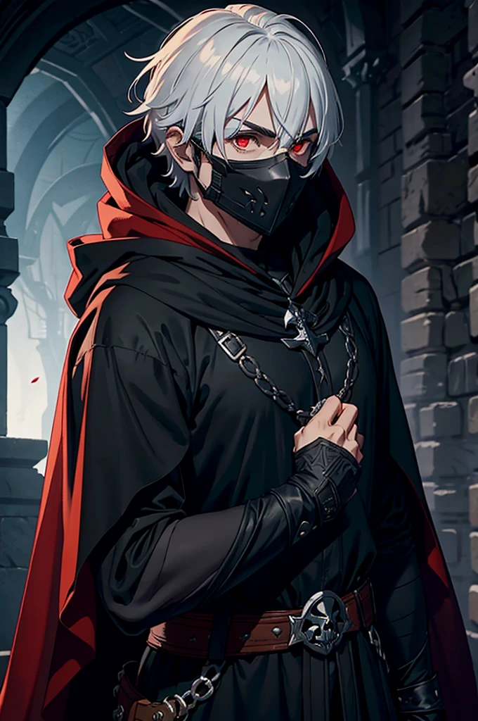 An assassin, male, fantasy character, physically strong, wearing a skull mask covering his face and eyes, dressed in black medieval attire, with a white hooded cloak over it, gray hair, short hair, red eyes, holding a dagger, nighttime background.