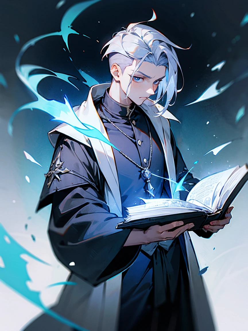 male, Silver Hair, Undercut, Mage, robe, Holding a spell book, intense
