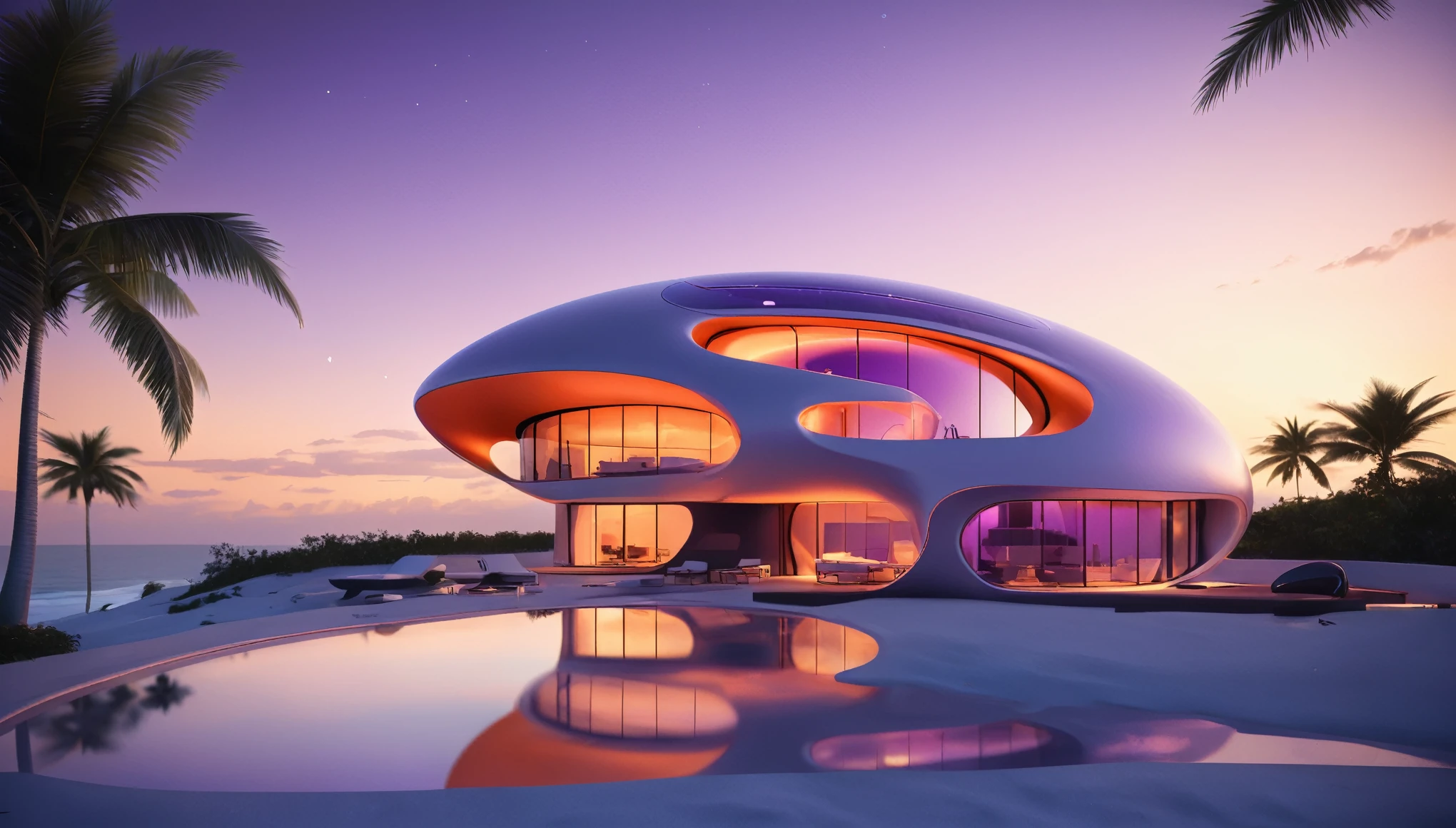a futuristic house with a satelite dish and antenna array on the rooftop, at sunset, on the beach, cgsocietywlop, beautiful curves, intricate devilish designs, qualia, interesting shapes & form, wow factor, elaborate polished, architectural rendering, miami, bioluminescent, colorfull, glow fluid, orange and purple soft lighting in interior of house, futuristic battlefield, inspired by James E. Brewton, precise architectural rendering