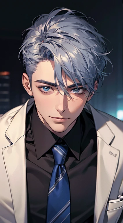 (Highest quality,4K,8K,High resolution,masterpiece:1.2),Super detailed,(Realistic,photoRealistic,photo-Realistic:1.37),1 person,31 years old,Mature Men,Beautiful skin, very handsome,Expressionless,smile in love,Short gray blue hair,blue eyes,Sharp Eyes,A perfect face without a doubt,Businessman, CEO,Office Background,Cinema Lighting,HDR image,tie、