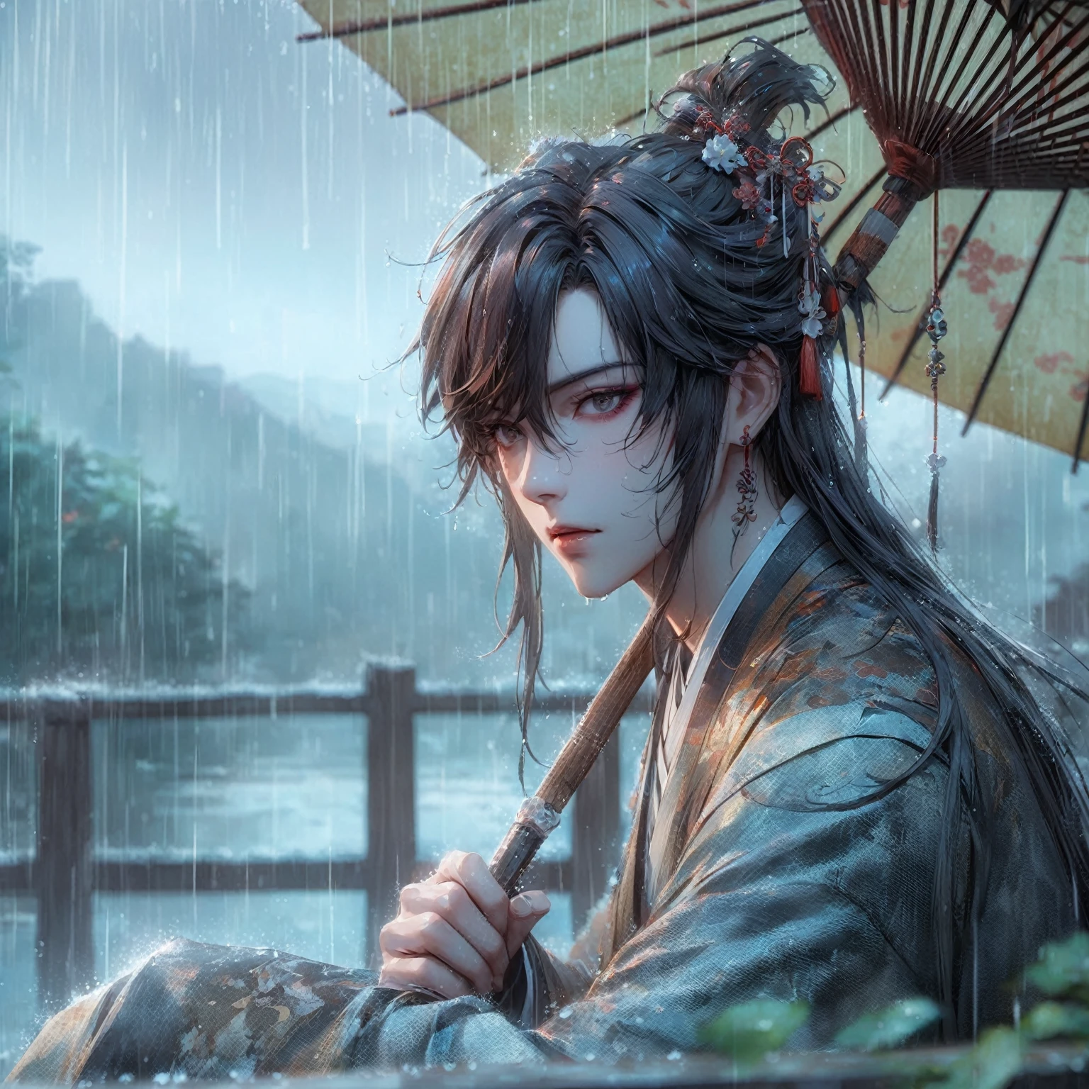 Cartoon character holding an umbrella in the rain, artwork in the style of Gu Weiss, Gu Weiss, The handsome guy in Demon Slayer, Gu Weiss masterpiece, author:Yang J, Beautiful character painting, anime art wallpaper 8 k, Anime Art Wallpaper 4K, Anime Art Wallpaper 4K, Beautiful digital artwork, Handsome Japanese demon boy, 4k anime wallpaper
