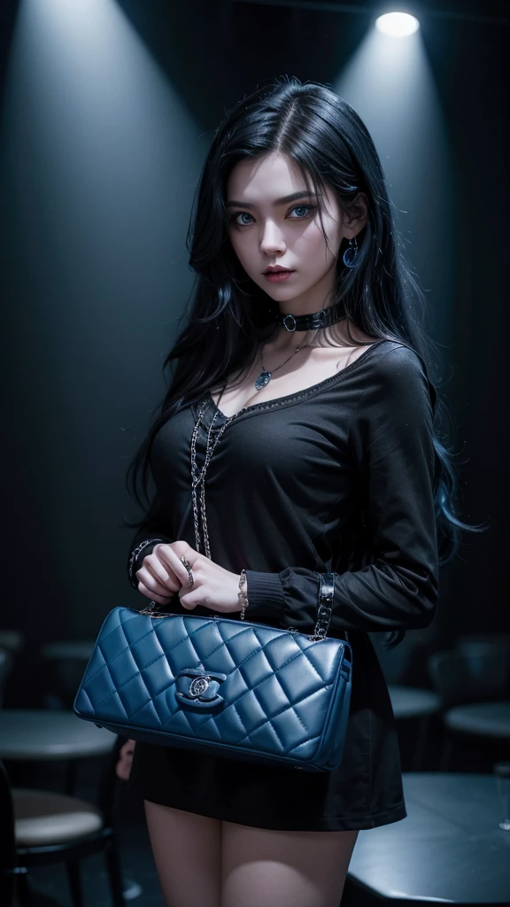 Make a vampire with black hair and blue tips, The venue is a blue themed party, black outfit with blue details and a black chanel bag Long hair, Eyes red, high resolution, cinematic lighting,