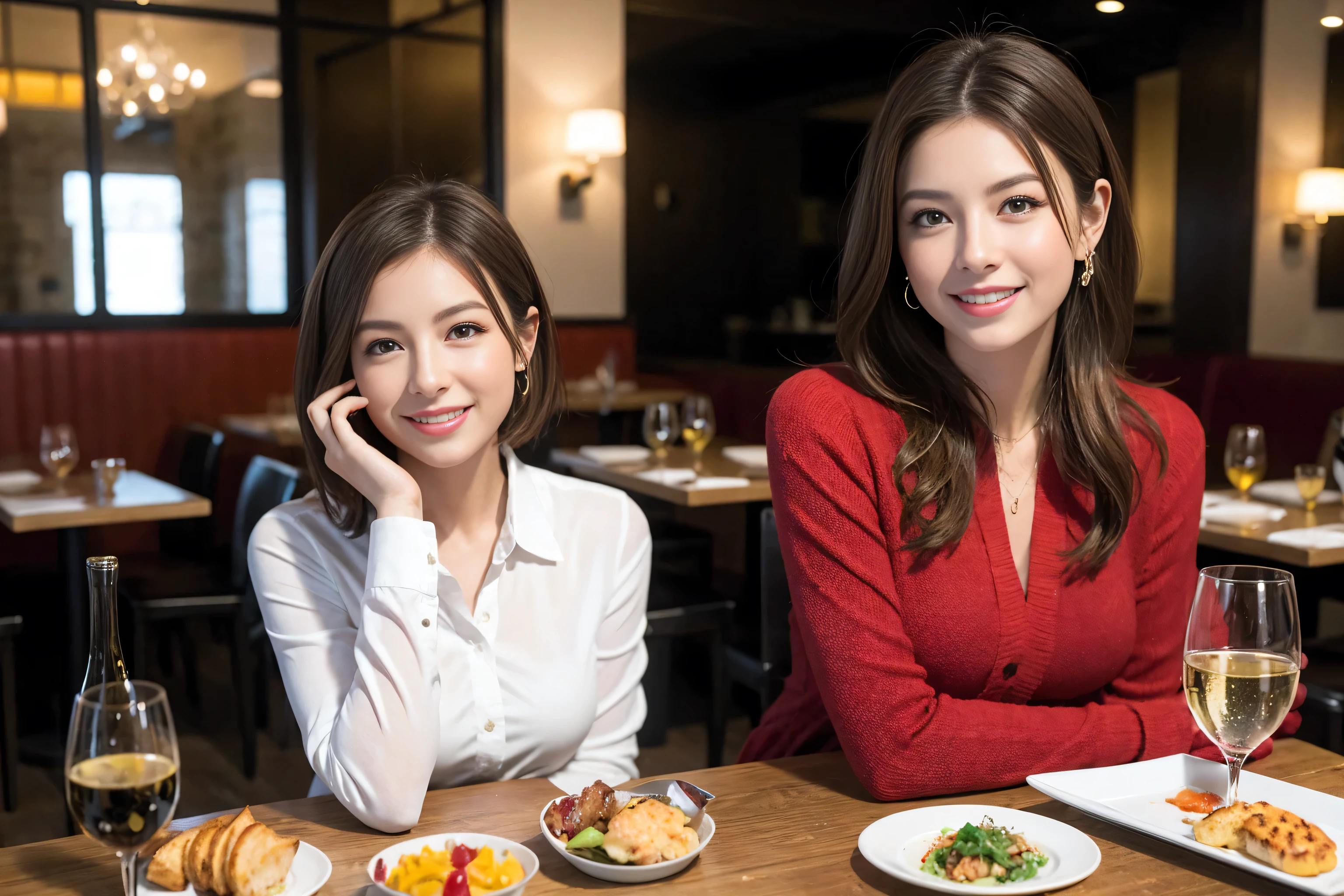 ((Highest quality、8k、masterpiece:1.3))、cute、Slim couple、Model Couple、Actress、(Realistic, Intricate details:1.2), full-course dinner、Wine 、Amazing view of the sunset sky and clouds、A bright smile、short hair,Bright Face、 (45 years old), 48 years old, 赤Wine 、Appetizers、Italian food、Wine bottle、Champagne、スパークリングWine、Two beauties、Brown Hair、Shortcuts、Long sleeve shirt、dress、Beautiful woman 1, (Slim face), (The body is slim), (Brown Hair), (Shortcuts), cheeks turn a little red,Attractive beauty、restaurant, In a prominent place (From the waist up) Nova Frog Style, actress, model, Upper Body, 白Wine, slim, Wineグラス, 中央に置かれたWineグラス, smile, (smile: 1.15), Beautiful fine grain, Depth f/2,saturation, High Contrast, Strong light and shadow,Moist Body:1.5、3D texture、Delicate eyes、Brown Hair、The hair is very shiny、