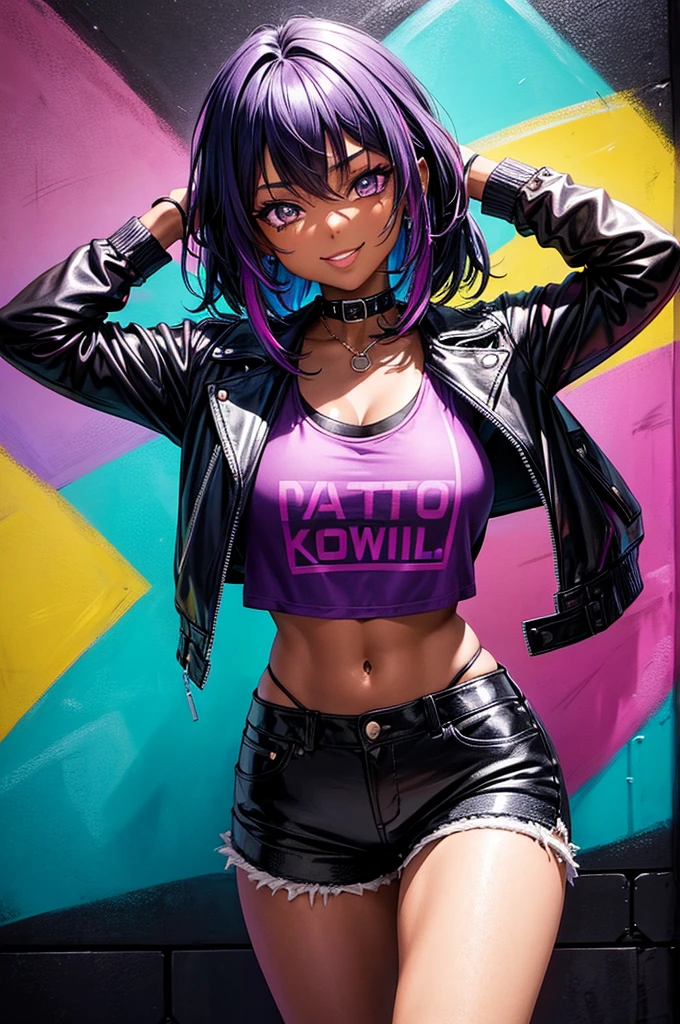 1 girl, anime style, dark skin, black woman, beautiful, 18 years, make-up, passionate look, naughty smile, waifu, close-up picture, zoom, portrait, colorful punk style, punk outfit, stylist, purple leather jacket, purple tank top, black jeans shorts, cleavage, fishnet legs, leather gloves, standing, showing body, hands behind her head, posing in a dark alley, colorful graffiti on the walls, colorful walls, soft lighting, nighttime, midnight, ray tracing, award winning, photorealistic, 8k