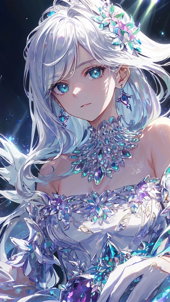 masterpiece, best quality, number, Alexandrite eyes and hair, Platinum earrings, Platinum necklace, White Dress, The Little Mermaid, Lovely, (Dynamic Lighting:1.2), light, Beautiful, Beautiful eyes, Sharp pupils, Realistic students, Boundary depth written, Bokeh, Clear focus, (Very detailed, bloom, shine:1.4), Many little gems, Large target 