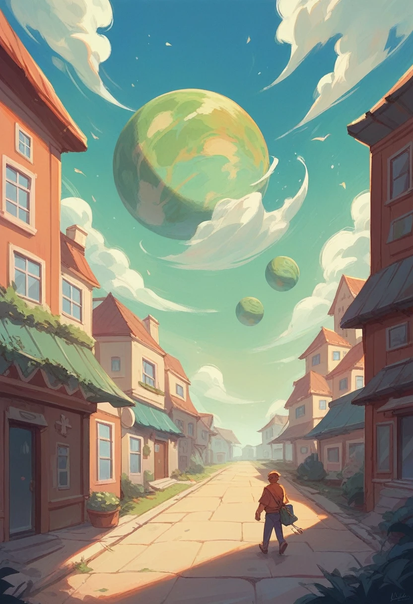 cartoon image, a planet earth with a character walking on top of the planet earth, and death in the center of planet Earth and behind the planet some buildings. scene at night